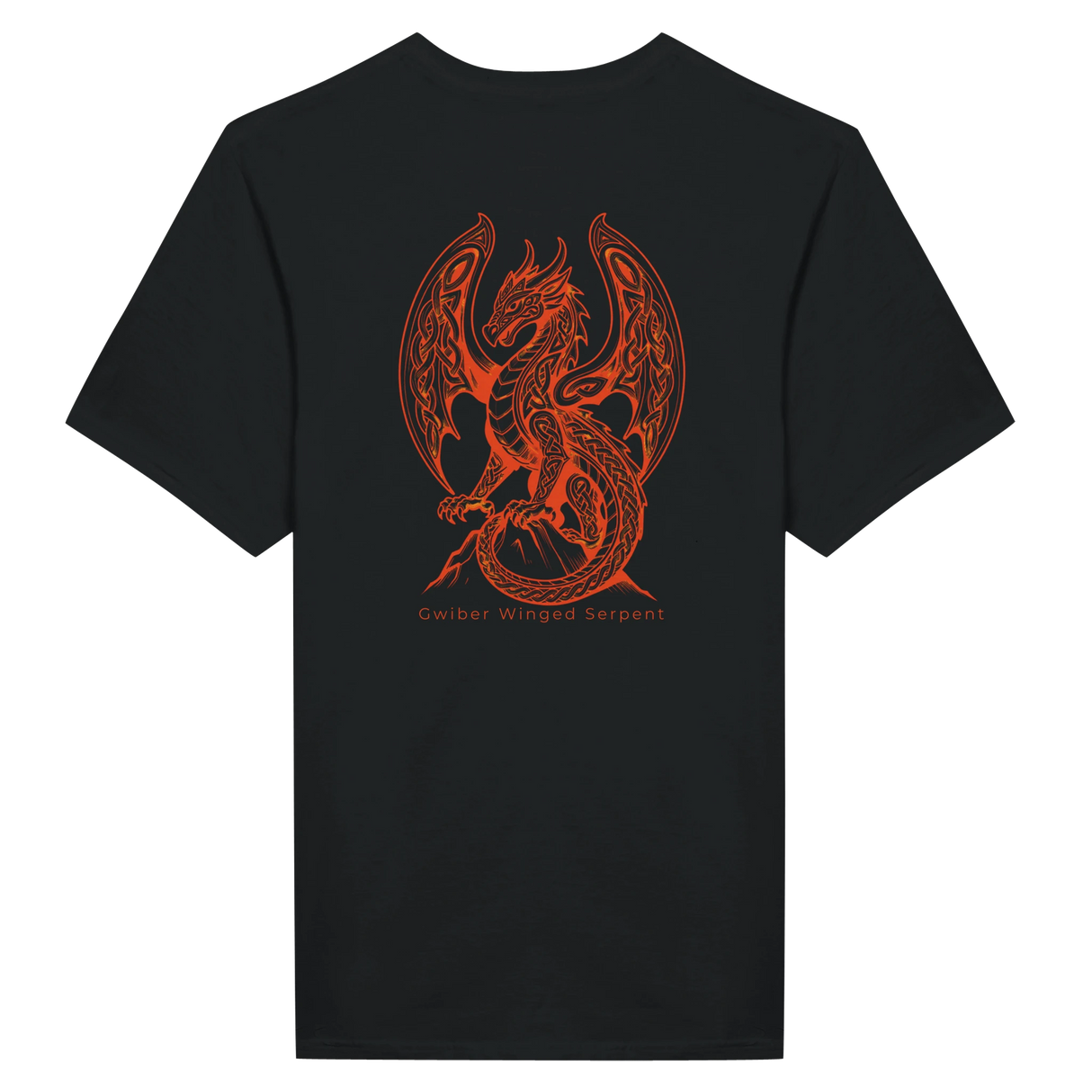 A black short-sleeve t-shirt with a large orange graphic of a winged serpent dragon on the back, with the text 'Gwiler Winged Serpent' printed below it.