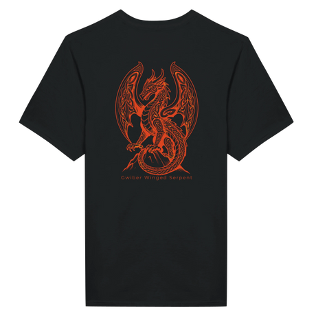 A black short-sleeve t-shirt with a large orange graphic of a winged serpent dragon on the back, with the text 'Gwiler Winged Serpent' printed below it.