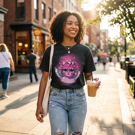 Woman walking on a city street wearing a graphic t-shirt and holding a coffee cup.