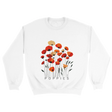 A white sweatshirt featuring a minimalist poppy flower design. The graphic displays red, orange, and muted gold poppies with slender stems and leaves, and the word “POPPiES” printed beneath. The cozy, casual outfit has a soft, modern aesthetic ideal for floral and nature-inspired fashion.
