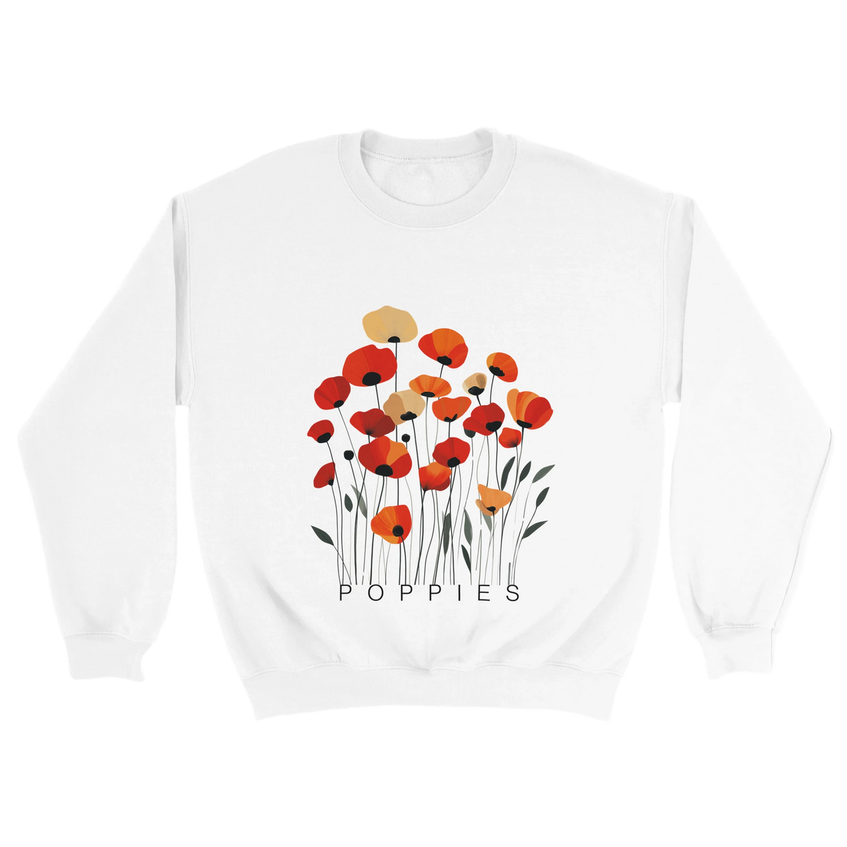 A white sweatshirt featuring a minimalist poppy flower design. The graphic displays red, orange, and muted gold poppies with slender stems and leaves, and the word “POPPiES” printed beneath. The cozy, casual outfit has a soft, modern aesthetic ideal for floral and nature-inspired fashion.