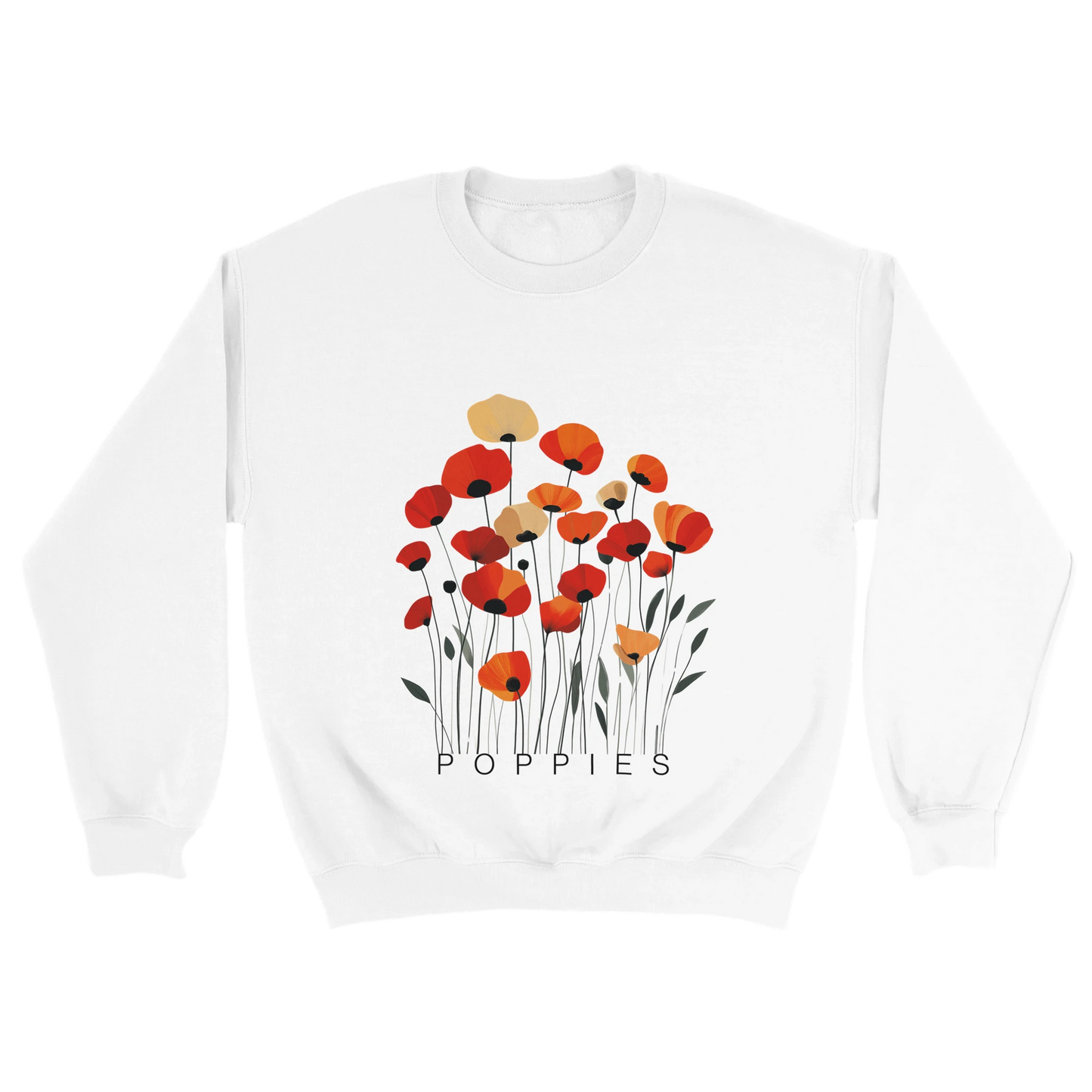 A white sweatshirt featuring a minimalist poppy flower design. The graphic displays red, orange, and muted gold poppies with slender stems and leaves, and the word “POPPiES” printed beneath. The cozy, casual outfit has a soft, modern aesthetic ideal for floral and nature-inspired fashion.