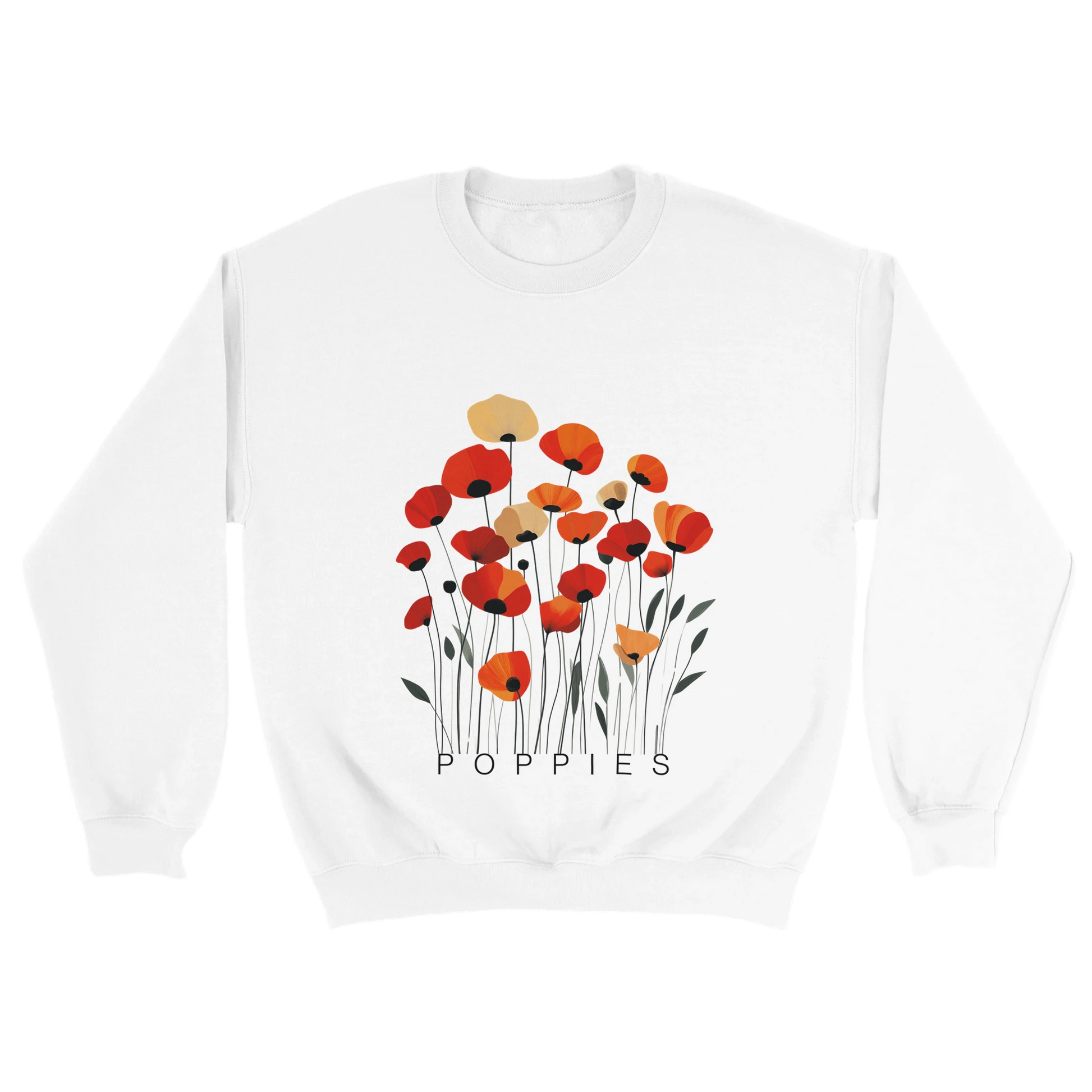 A white sweatshirt featuring a minimalist poppy flower design. The graphic displays red, orange, and muted gold poppies with slender stems and leaves, and the word “POPPiES” printed beneath. The cozy, casual outfit has a soft, modern aesthetic ideal for floral and nature-inspired fashion.