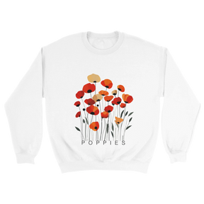 A white sweatshirt featuring a minimalist poppy flower design. The graphic displays red, orange, and muted gold poppies with slender stems and leaves, and the word “POPPiES” printed beneath. The cozy, casual outfit has a soft, modern aesthetic ideal for floral and nature-inspired fashion.