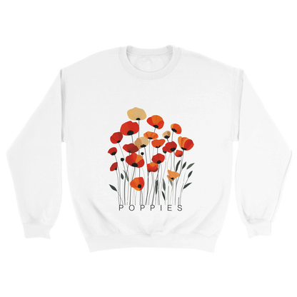 A white sweatshirt featuring a minimalist poppy flower design. The graphic displays red, orange, and muted gold poppies with slender stems and leaves, and the word “POPPiES” printed beneath. The cozy, casual outfit has a soft, modern aesthetic ideal for floral and nature-inspired fashion.