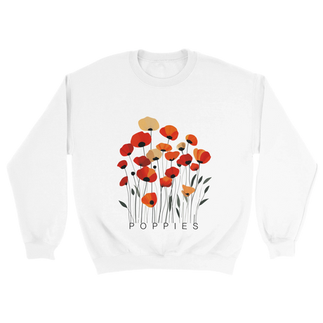 A white sweatshirt featuring a minimalist poppy flower design. The graphic displays red, orange, and muted gold poppies with slender stems and leaves, and the word “POPPiES” printed beneath. The cozy, casual outfit has a soft, modern aesthetic ideal for floral and nature-inspired fashion.