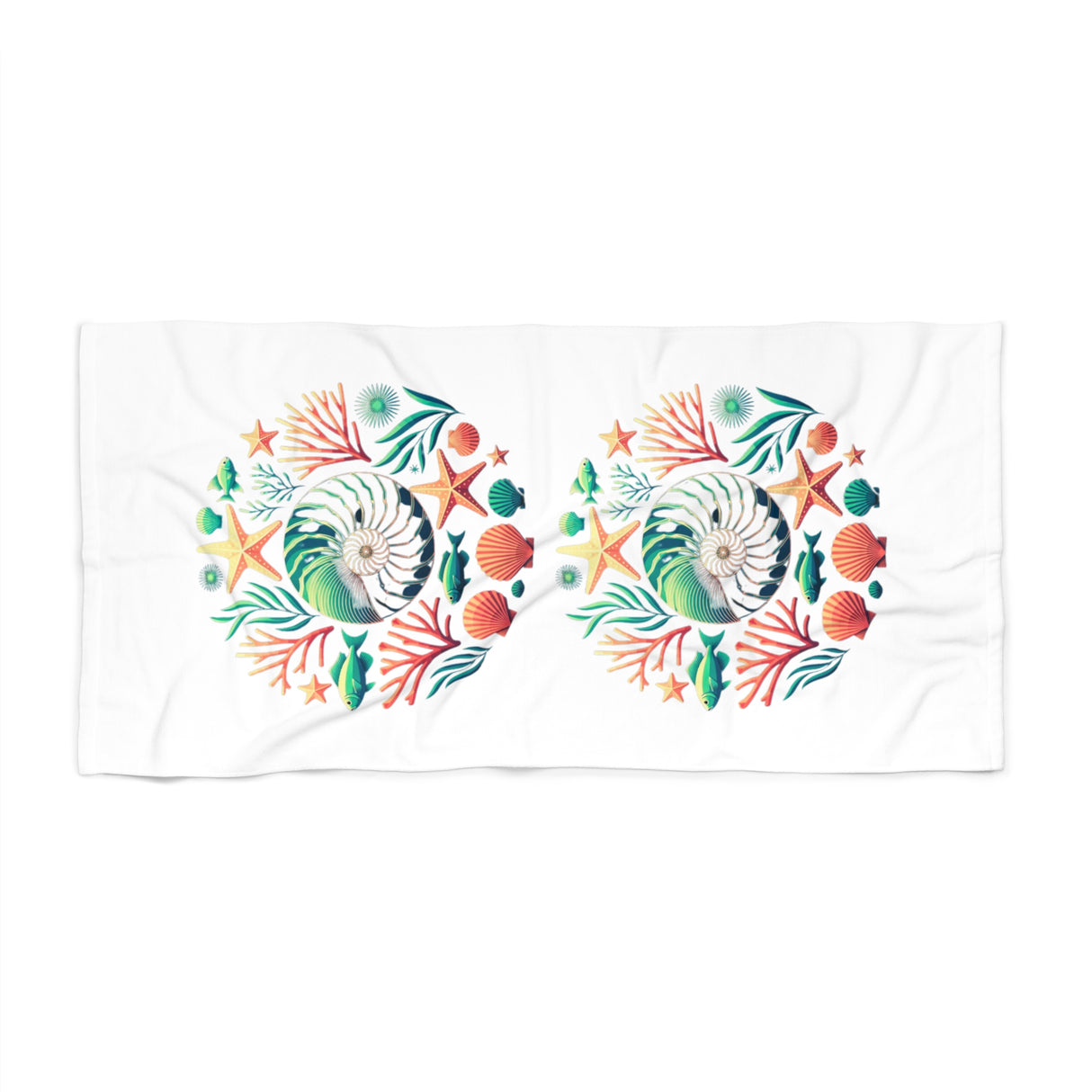 A white rectangular towel featuring two identical circular underwater-themed prints with seashells, starfish, coral, and sea plants in green, orange, and blue.