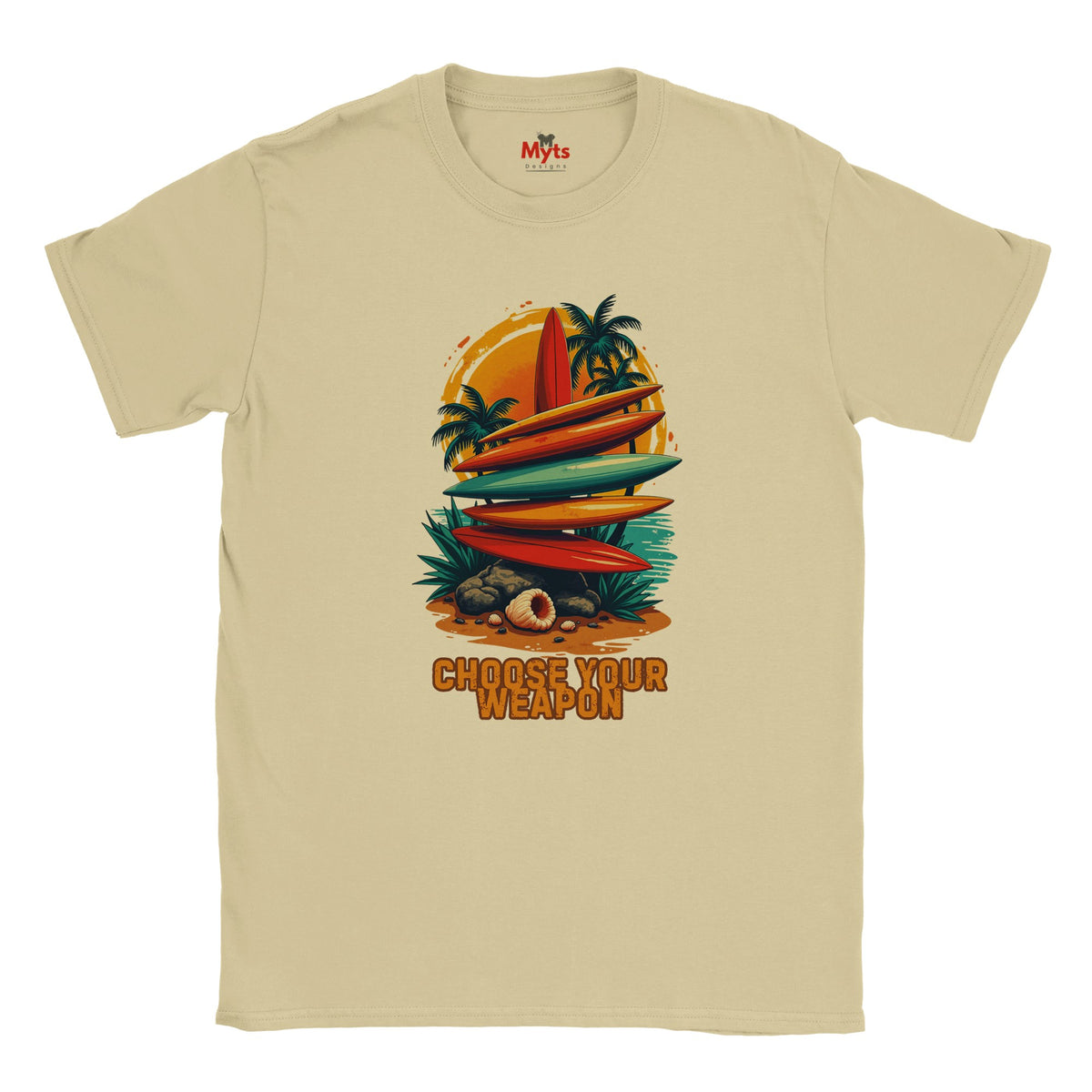 Sand t-shirt with a graphic of surfboards and palm trees and the text 'Choose Your Weapon' on a white background.
