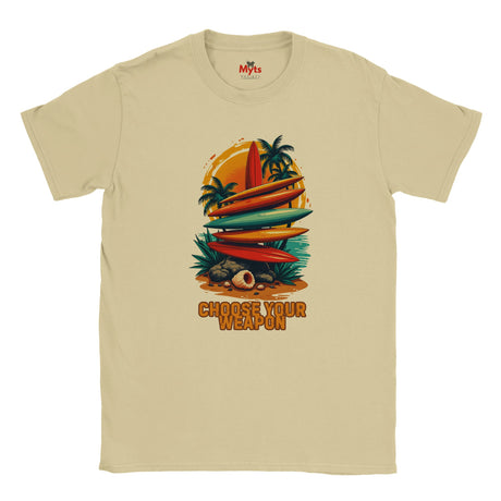 Sand t-shirt with a graphic of surfboards and palm trees and the text 'Choose Your Weapon' on a white background.