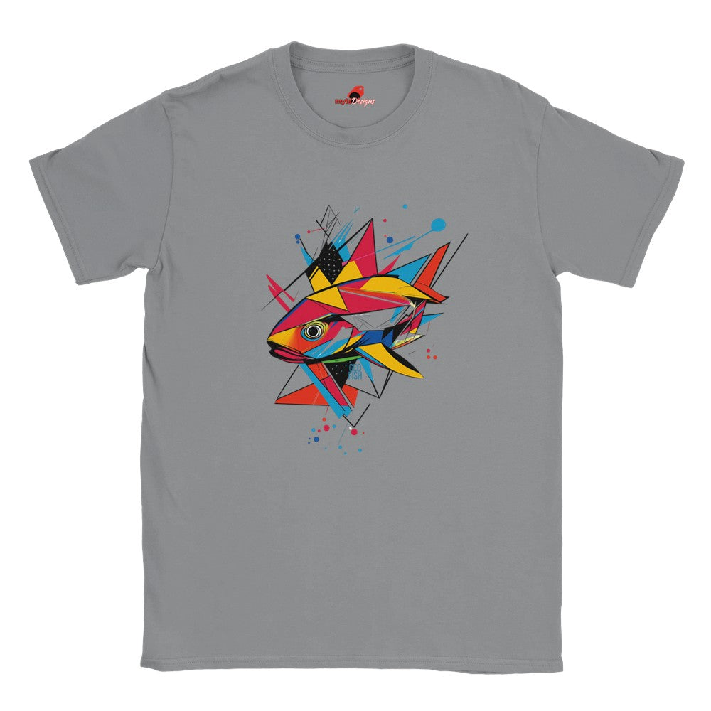 A sports grey t-shirt with a vibrant, geometric design of a fish on the front.