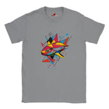 A sports grey t-shirt with a vibrant, geometric design of a fish on the front.