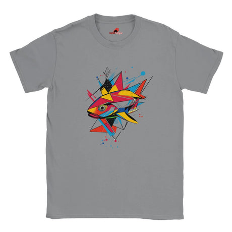 A sports grey t-shirt with a vibrant, geometric design of a fish on the front.