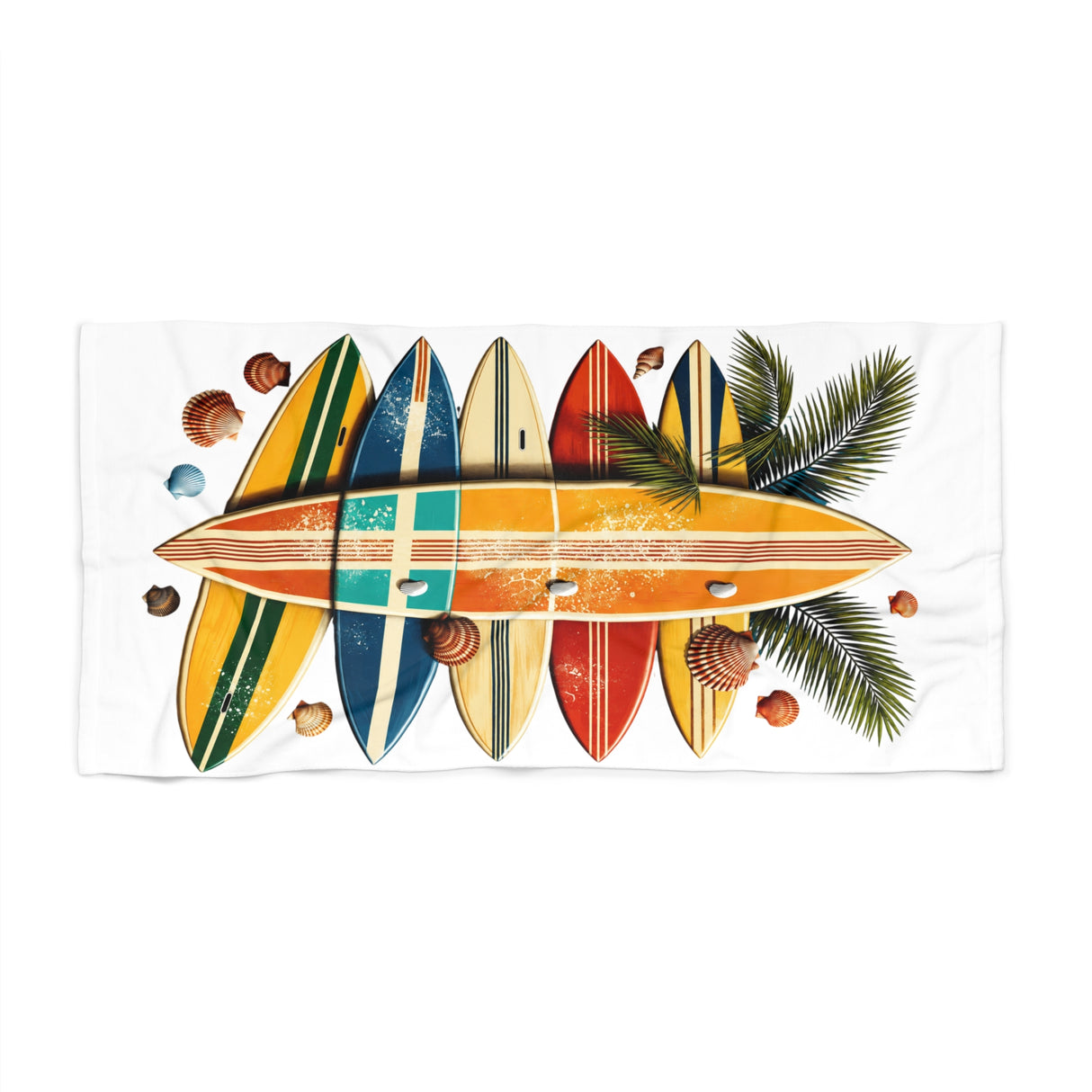 Towel with colorful surfboard design and palm leaves on a white background
