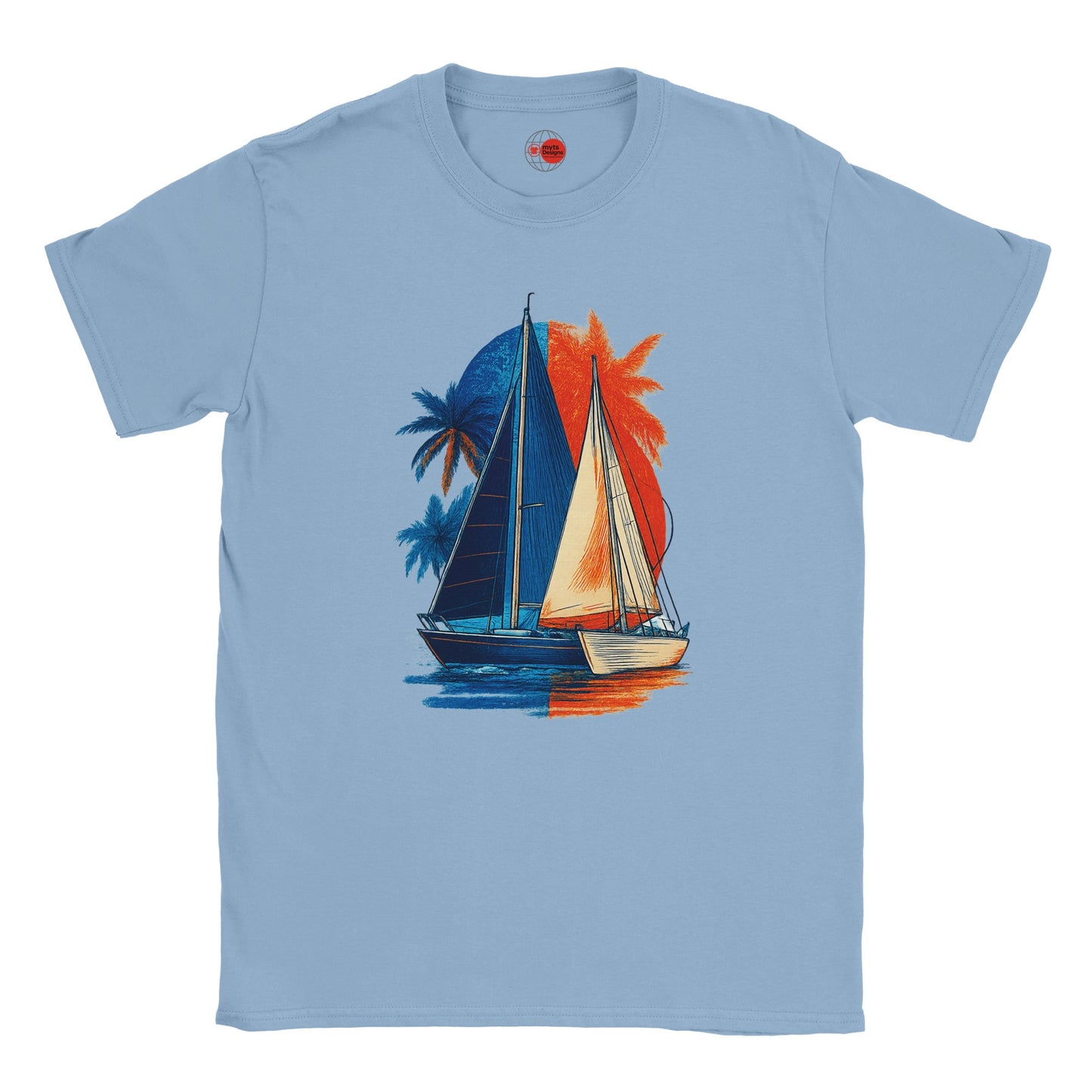 Light blue t-shirt with a sailboat and palm tree design on a white background