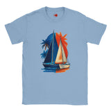 Light blue t-shirt with a sailboat and palm tree design on a white background