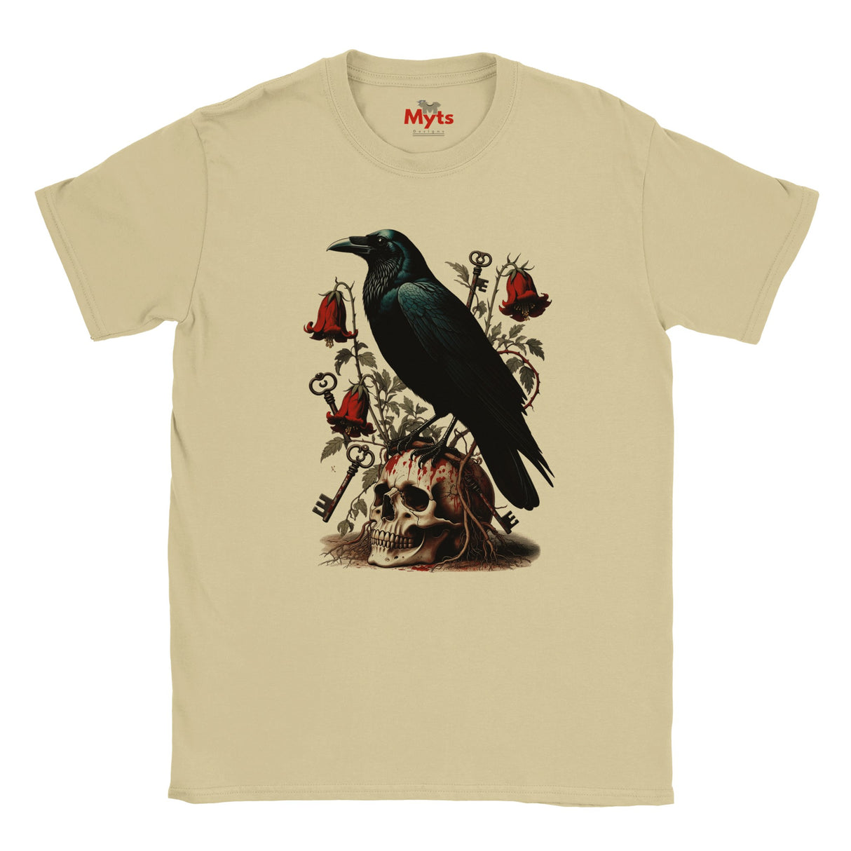 A Sand crewneck t-shirt featuring a gothic-style graphic print of a black raven perched on a skull, surrounded by red roses and keys. The brand name 'Myts' is printed inside the collar.
