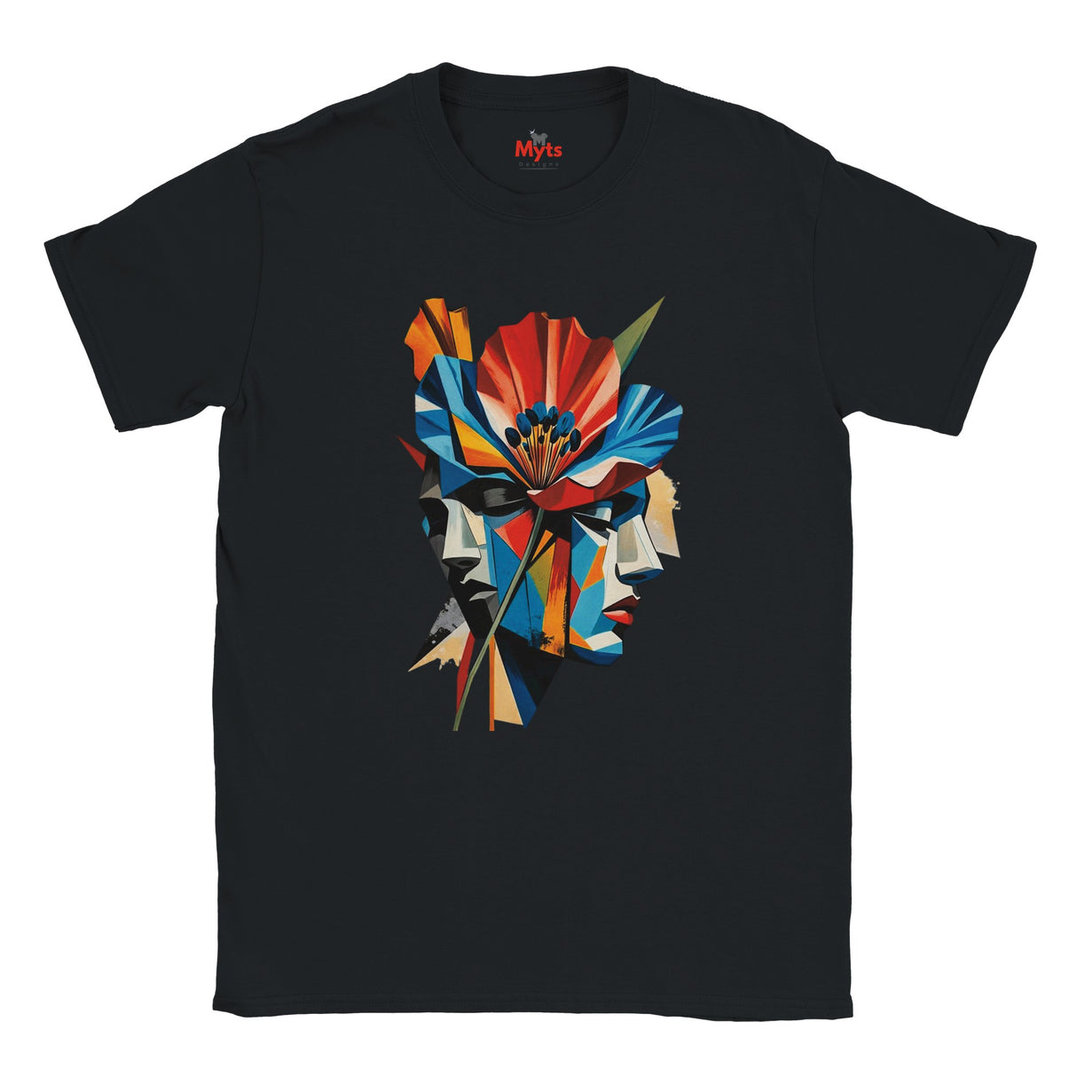 A Black abstract two-face poppy T-shirt featuring colourful geometric portrait artwork in red, blue, yellow, black and cream.
