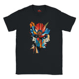 A Black abstract two-face poppy T-shirt featuring colourful geometric portrait artwork in red, blue, yellow, black and cream.