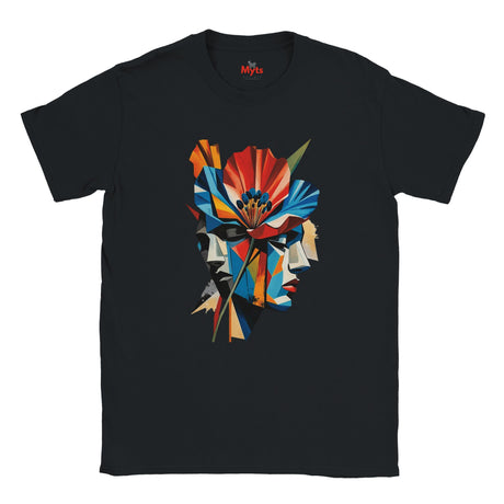 A Black abstract two-face poppy T-shirt featuring colourful geometric portrait artwork in red, blue, yellow, black and cream.
