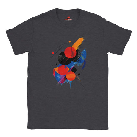 "Geometric space-inspired t-shirt with vivid cosmic colors and planet eclipse design"