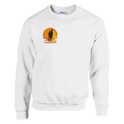 White Sweatshirt, sunset surf silhoette top riht hand lapel