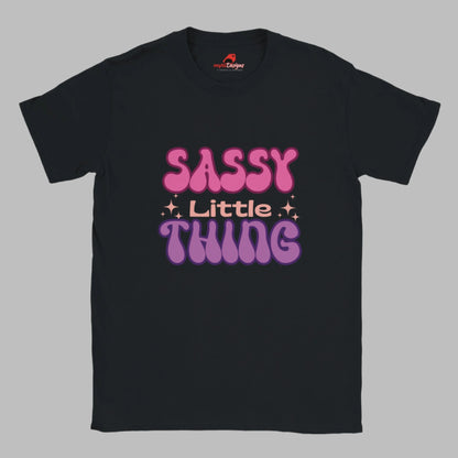 Black t-shirt with the text 'Sassy Little Thing' printed in pink and purple.