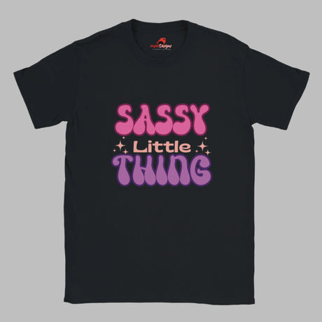 Black t-shirt with the text 'Sassy Little Thing' printed in pink and purple.