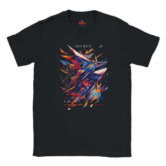 Black t-shirt with a colorful abstract shark design on a white background