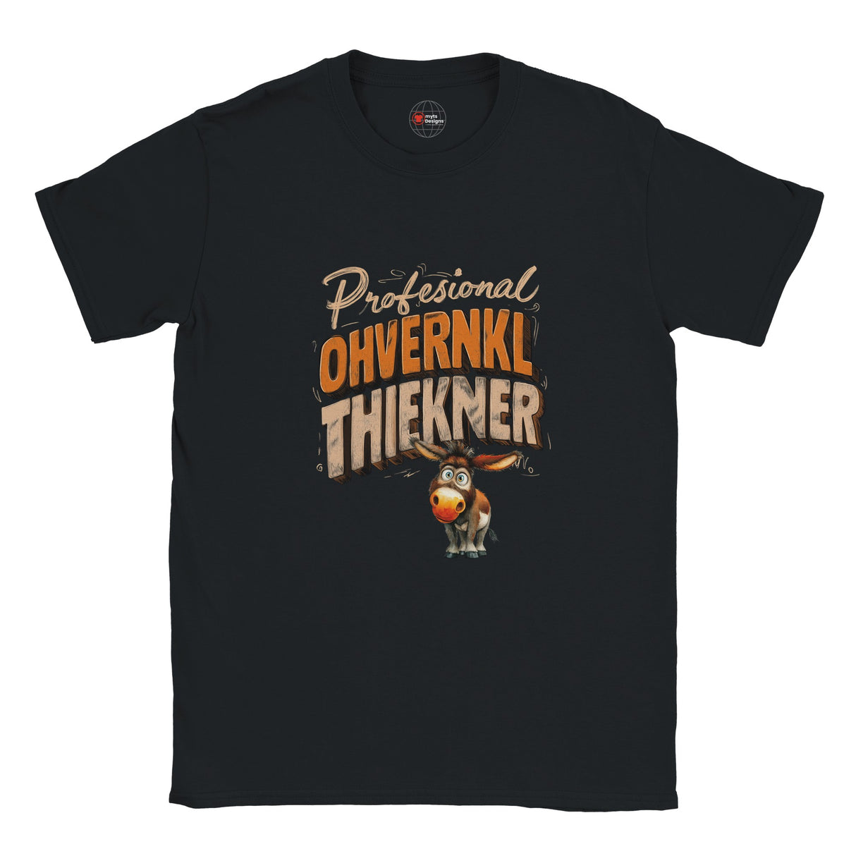 Black t-shirt with a cartoon donkey and text on a white background