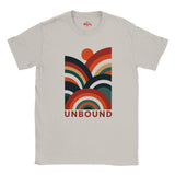 A Ice grey crewneck T-shirt featuring a retro 70s-style rainbow graphic with the word 'UNBOUND' printed below it. The brand name 'Myts' is visible on the inner neck label.