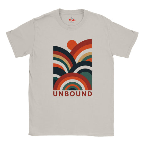 A Ice grey crewneck T-shirt featuring a retro 70s-style rainbow graphic with the word 'UNBOUND' printed below it. The brand name 'Myts' is visible on the inner neck label.