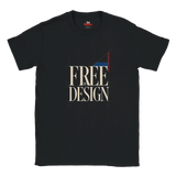 A black short-sleeve t-shirt with a graphic print on the front reading 'FREE BY DESIGN' in beige serif letters, accented with a red and blue geometric shape, shown on a plain white background.