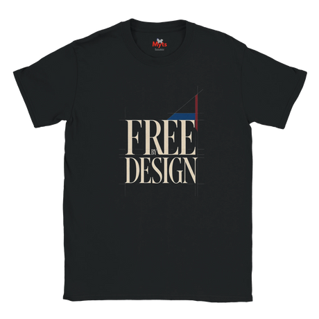 A black short-sleeve t-shirt with a graphic print on the front reading 'FREE BY DESIGN' in beige serif letters, accented with a red and blue geometric shape, shown on a plain white background.