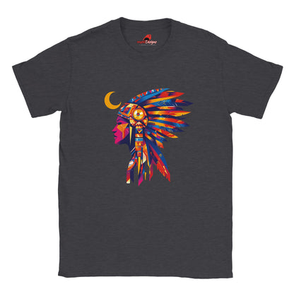Front view of American Indian Moon T-shirt featuring colorful tribal moon vector art on dark heather cotton tee
