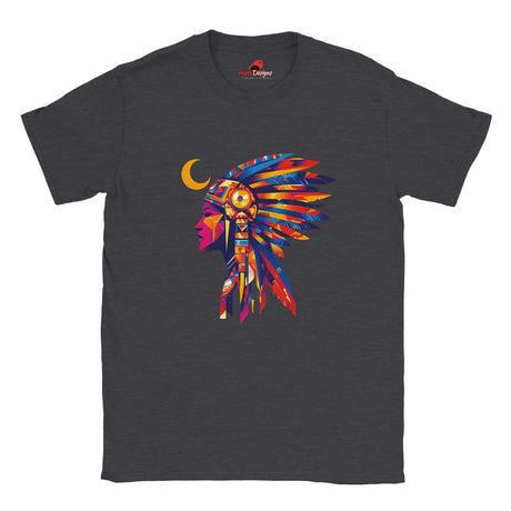 Front view of American Indian Moon T-shirt featuring colorful tribal moon vector art on dark heather cotton tee