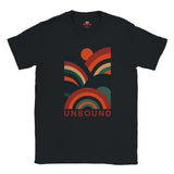 A black short-sleeve t-shirt with a retro 70s-style multicolor graphic on the front featuring concentric arches in orange, red, and teal, with the word 'UNBOUND' printed below in orange. The inner neck label shows the brand 'MYTS'.