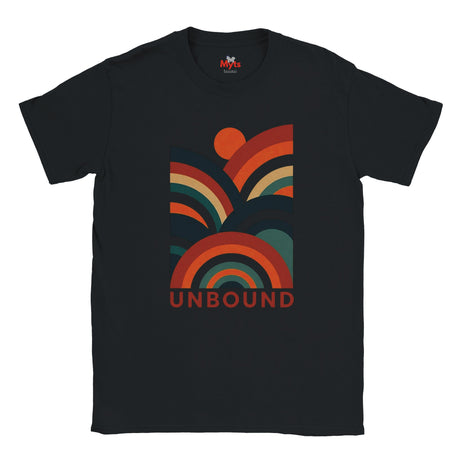 A black short-sleeve t-shirt with a retro 70s-style multicolor graphic on the front featuring concentric arches in orange, red, and teal, with the word 'UNBOUND' printed below in orange. The inner neck label shows the brand 'MYTS'.
