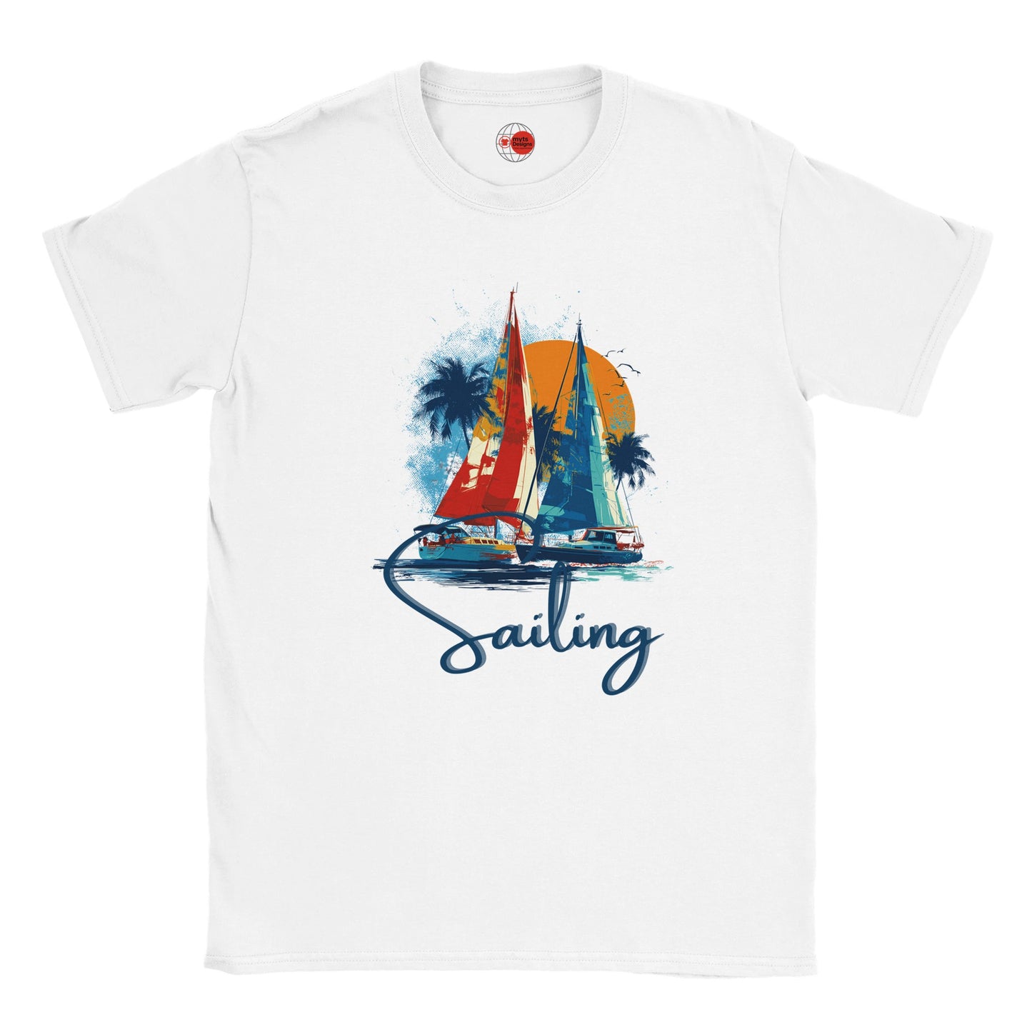White t-shirt with sailboat graphic and 'Sailing' text on a white background