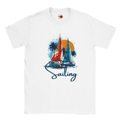 White t-shirt with sailboat graphic and 'Sailing' text on a white background