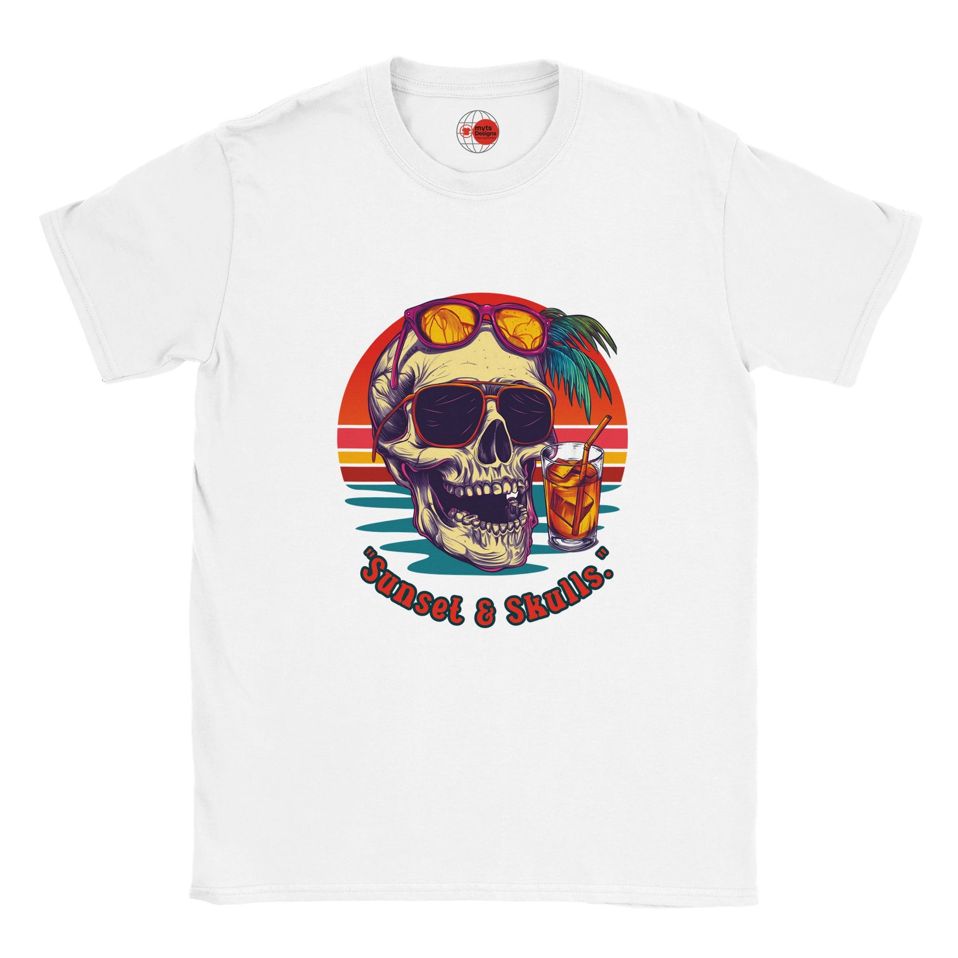 White t-shirt with a skull and sunglasses graphic on a white background
