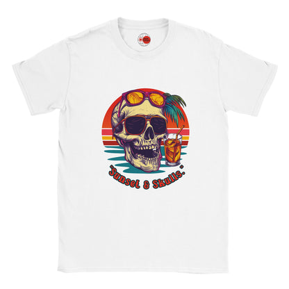 White t-shirt with a skull and sunglasses graphic on a white background