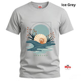 Ice Grey unisex coastal graphic tee with minimalist seashell, abstract blue ocean waves and UNBOUND lettering.