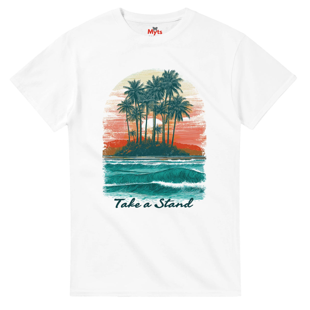 White t-shirt with a tropical island graphic and 'Take a Stand' text on a white background