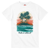 White t-shirt with a tropical island graphic and 'Take a Stand' text on a white background