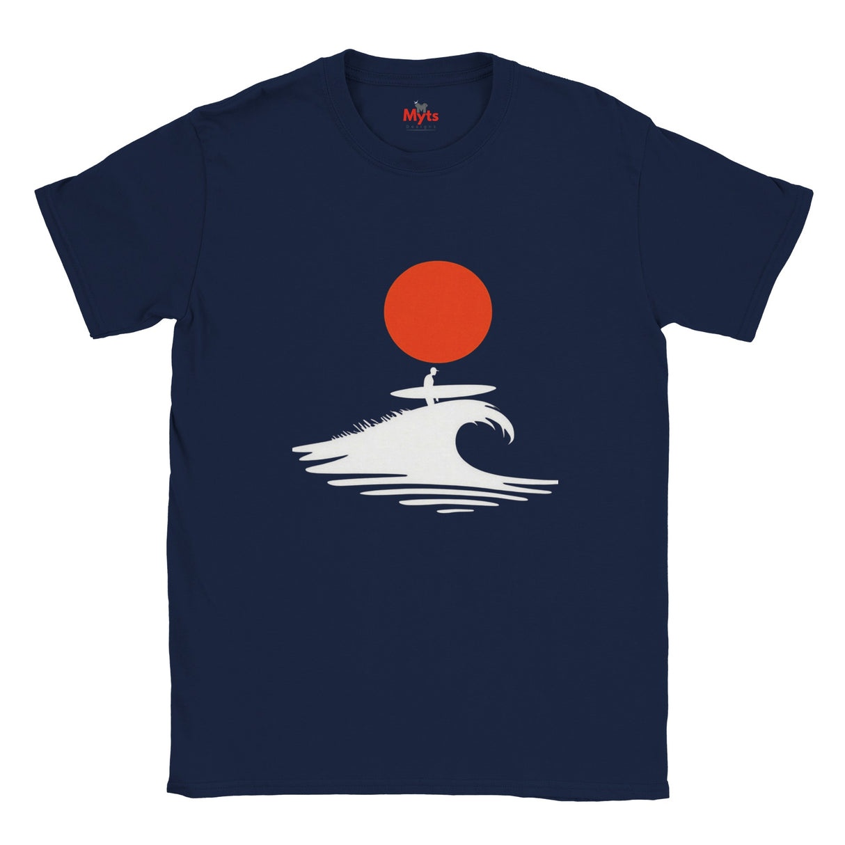 Navy blue t-shirt with a red sun and white wave design on a white background