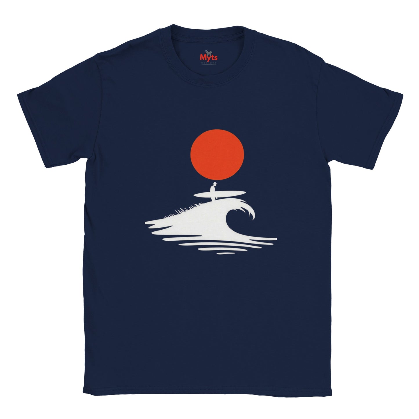 Navy blue t-shirt with a red sun and white wave design on a white background