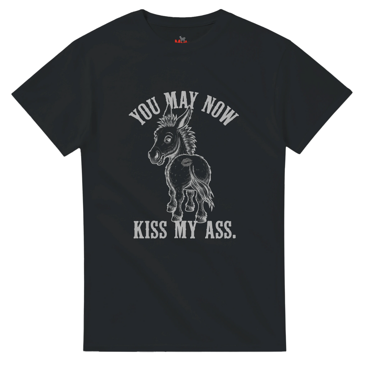 Black t-shirt with a graphic of a donkey and text on a white background