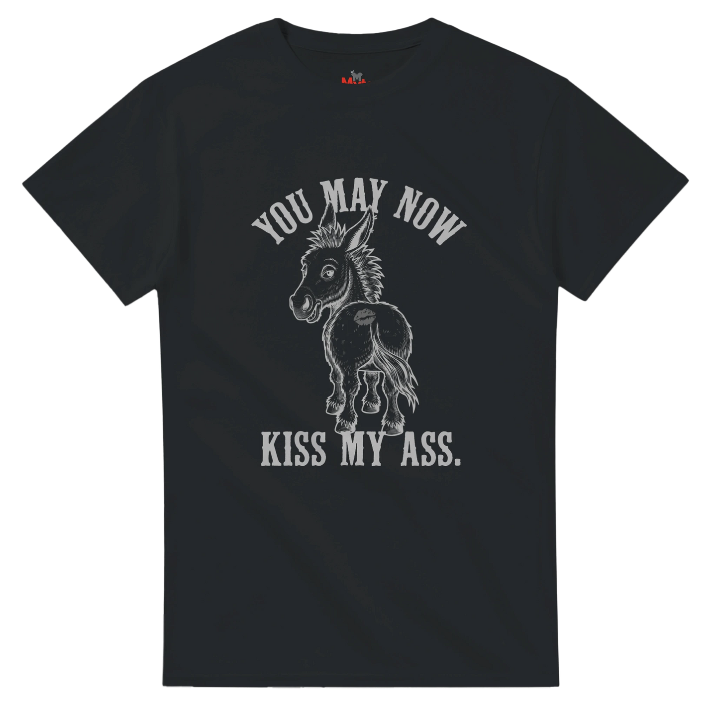 Black t-shirt with a graphic of a donkey and text on a white background