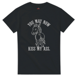 Black t-shirt with a graphic of a donkey and text on a white background