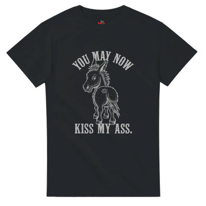 Black t-shirt with a graphic of a donkey and text on a white background